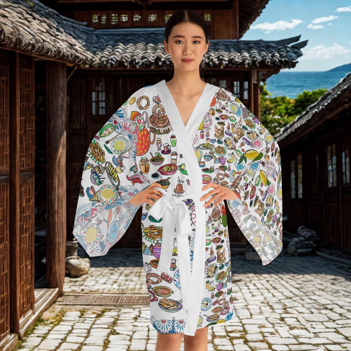 Tea Party Pattern Long Sleeve Kimono Robe | All Over Print
