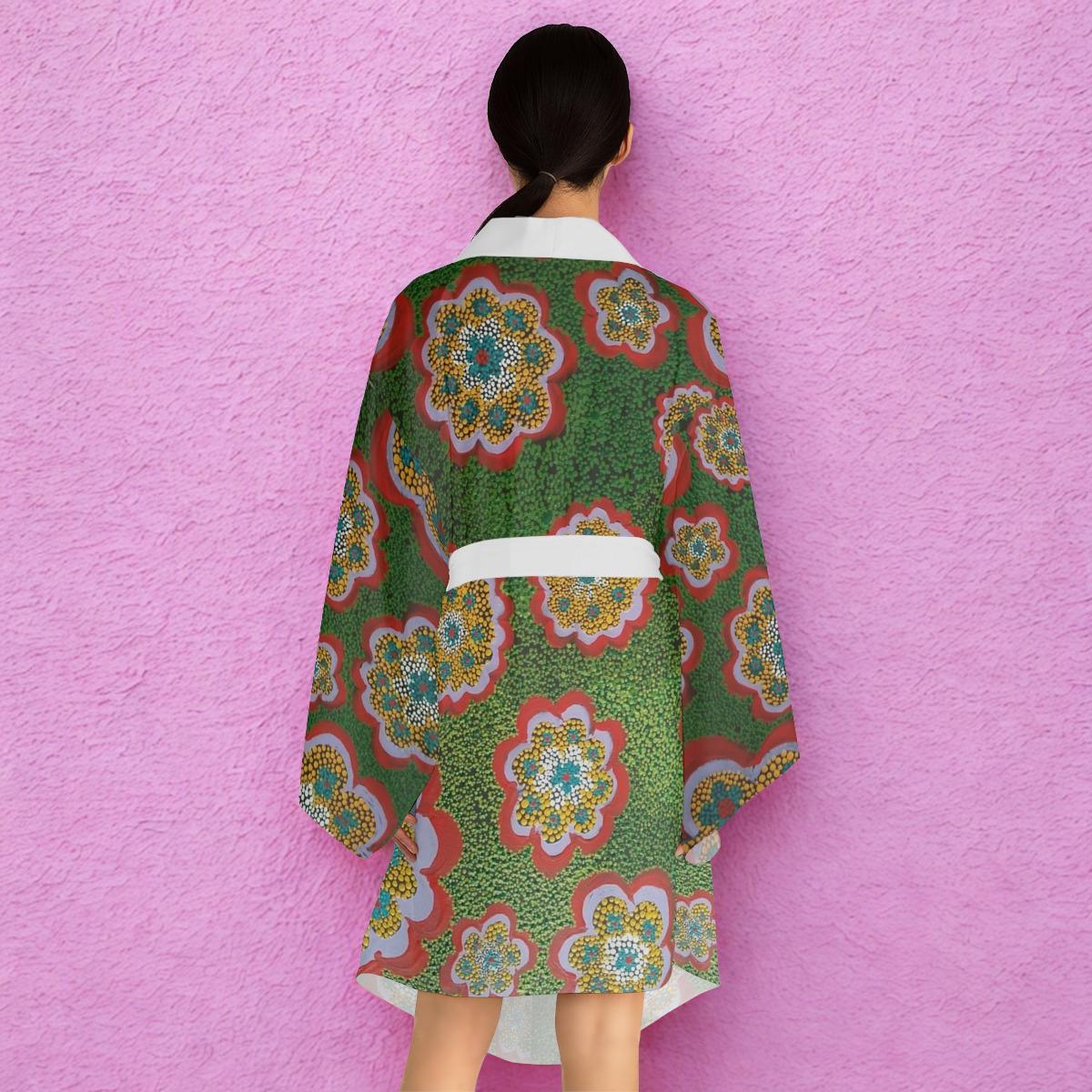 Floral Medallion Pattern Long Sleeve Kimono Robe | Green Retro Blossoms