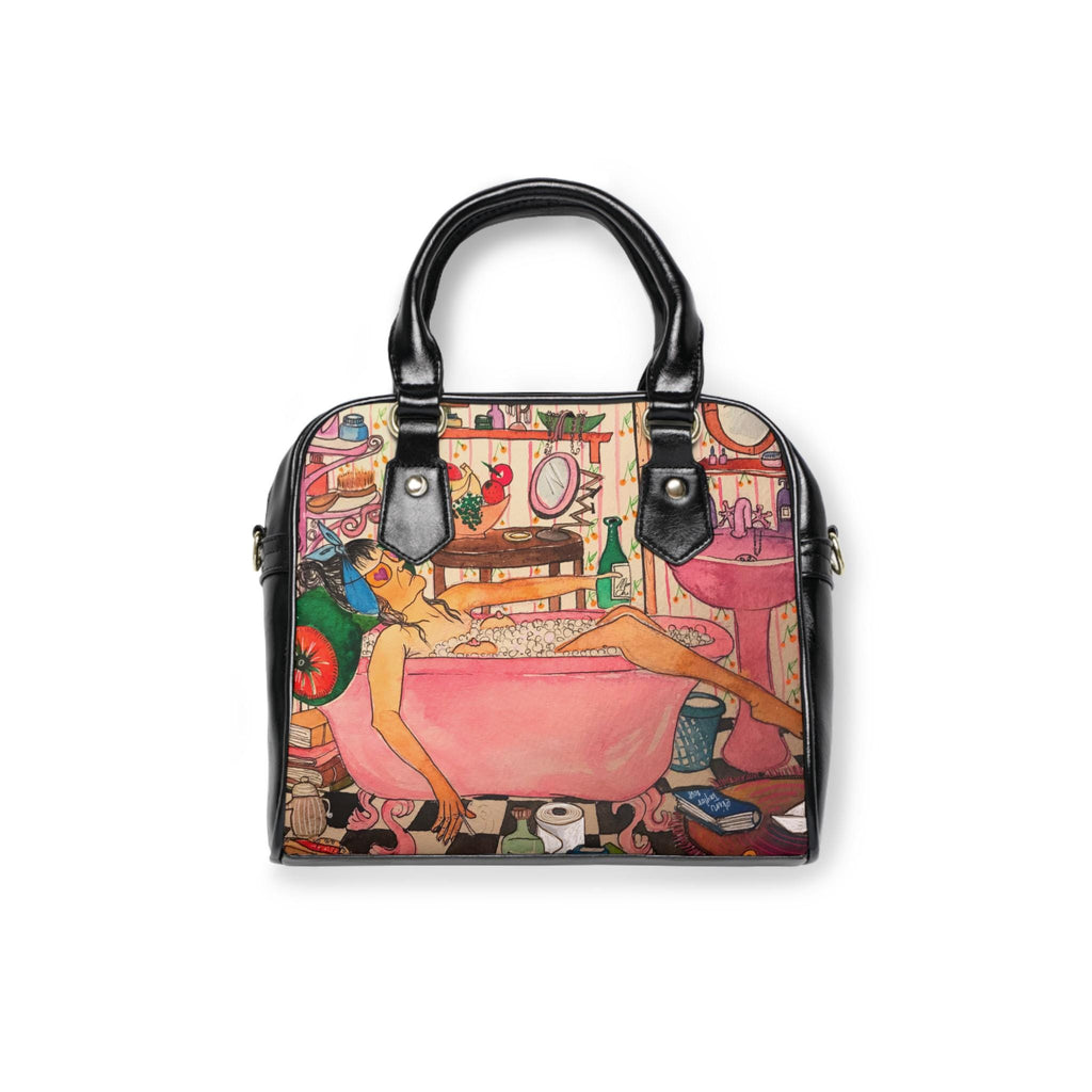 Woman Relaxing in Pink Bathtub Shoulder Handbag | Vintage Bathroom Illustration