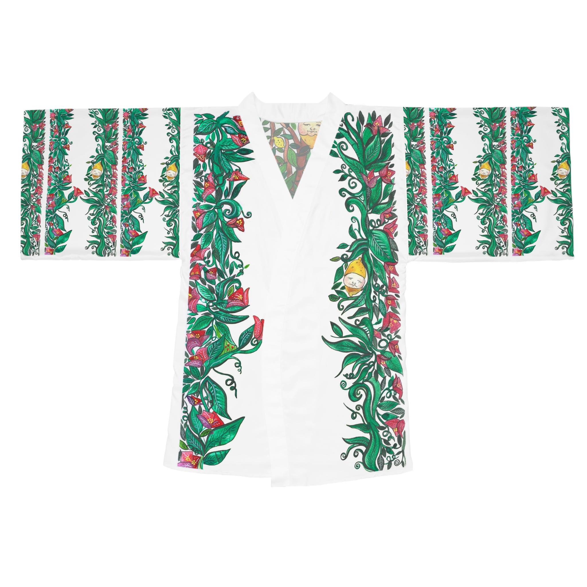 Forest Floral Vine Kimono Robe | Hibiscus Leaf Border