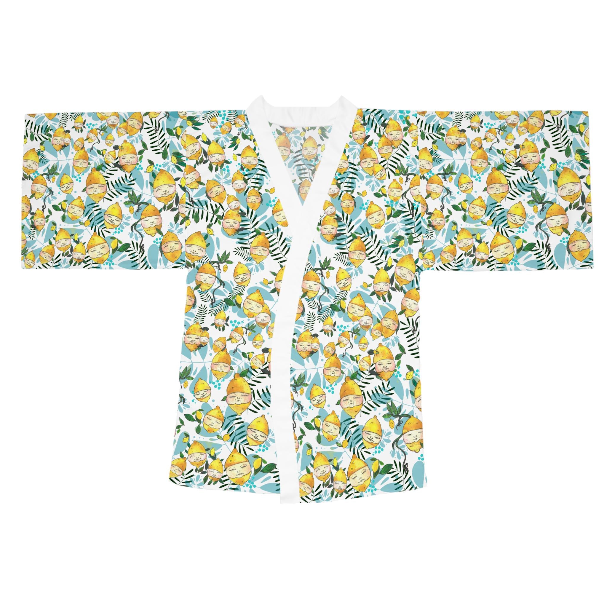 Lemon Floral Pattern Long Sleeve Kimono Robe | Citrus Leaves Allover Print