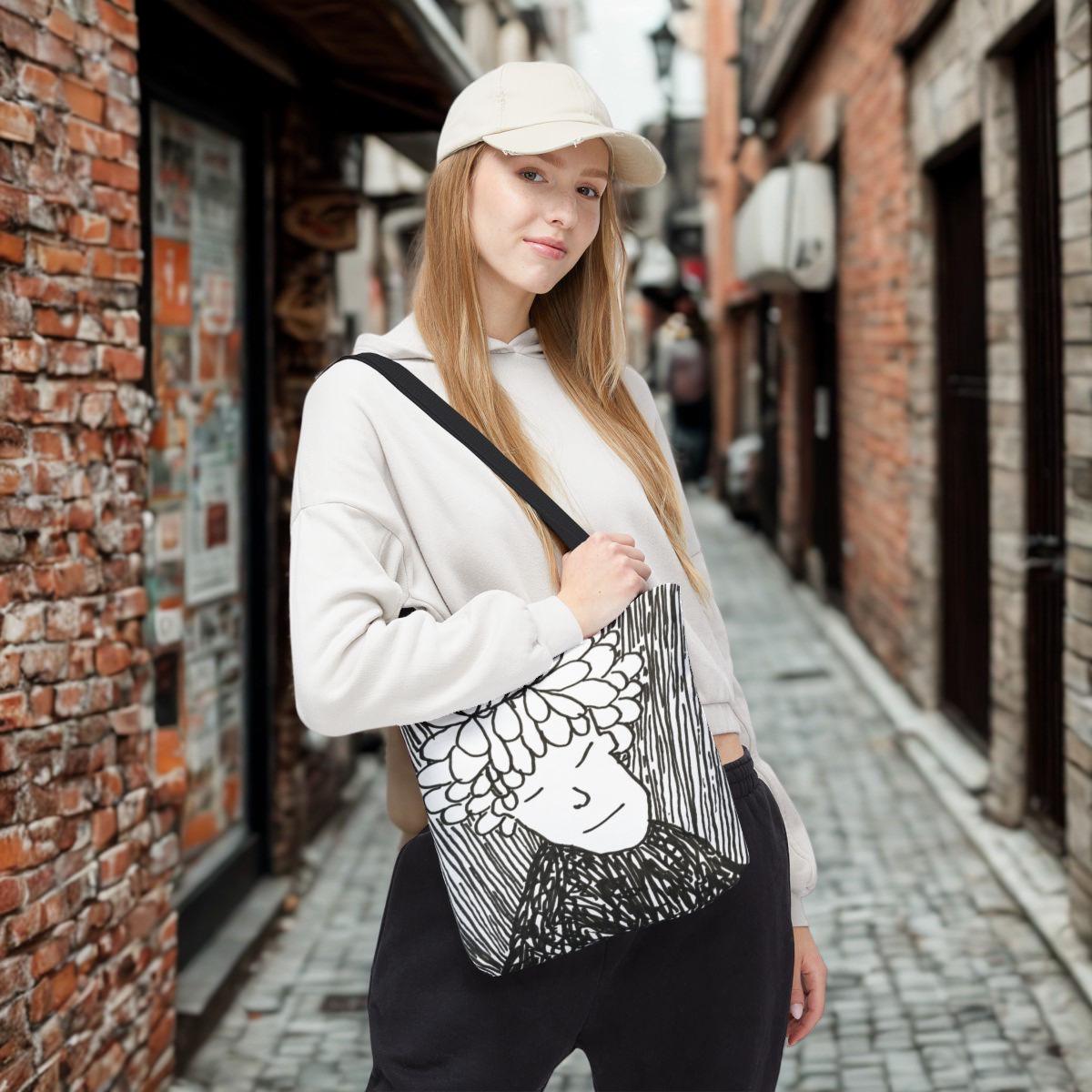 Doodled Portrait Tote Bag | Illustrated Face Art, All-Over Print