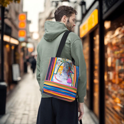 Colorful Abstract Bird Tote Bag | Vibrant Striped Border