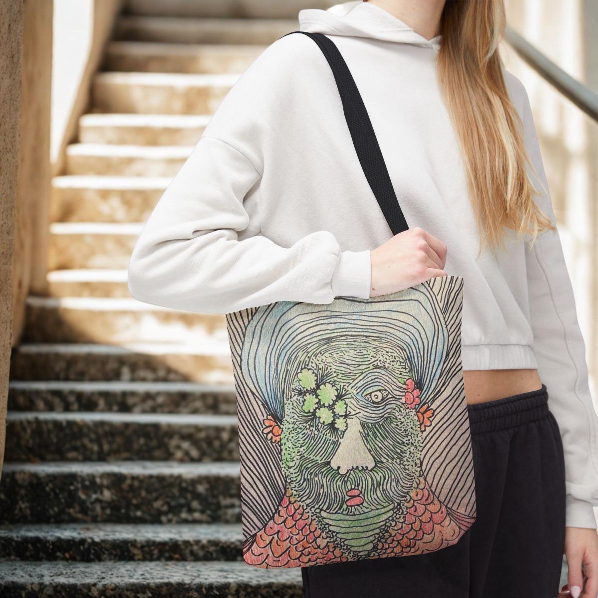 Surreal Portrait Tote Bag | Artistic Face and Cat Illustration