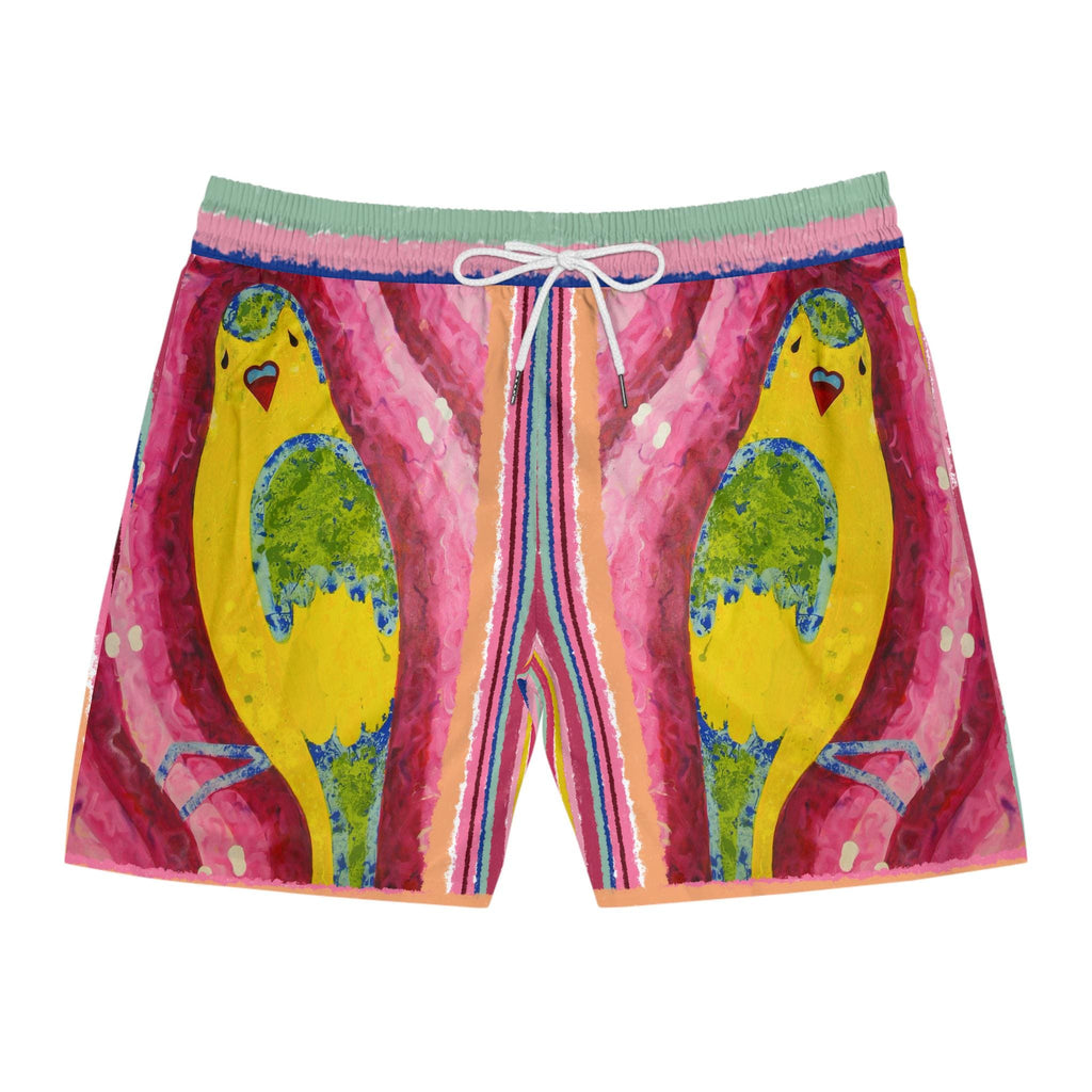 Hand-Painted Budgie Bird Print Swim Shorts | Mid-Length Beach Trunks