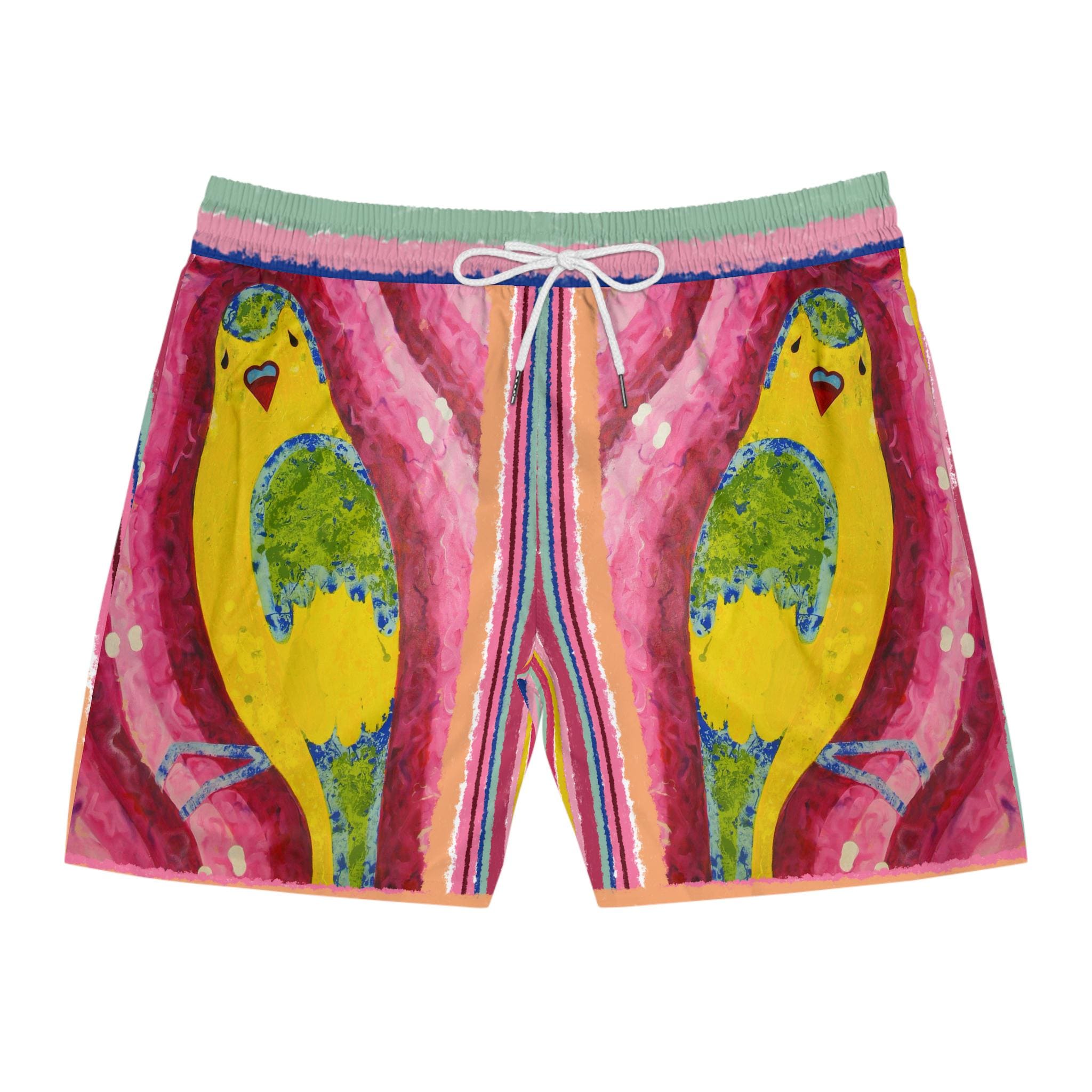 Hand-Painted Budgie Bird Print Swim Shorts | Mid-Length Beach Trunks