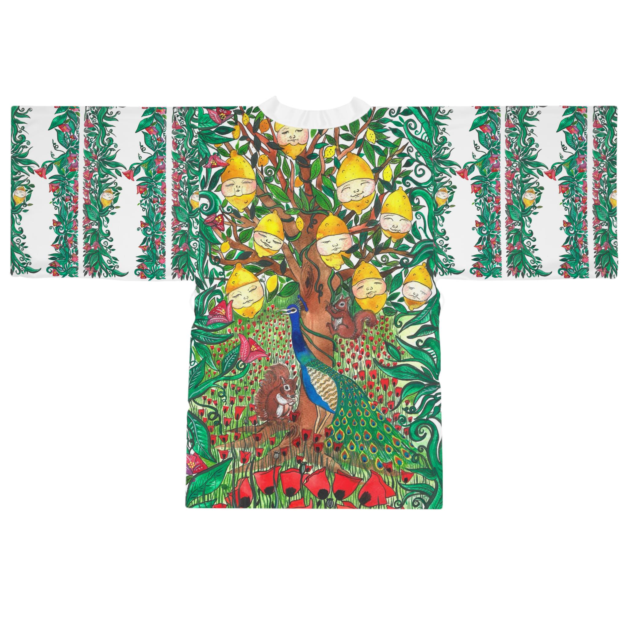 Forest Floral Vine Kimono Robe | Hibiscus Leaf Border