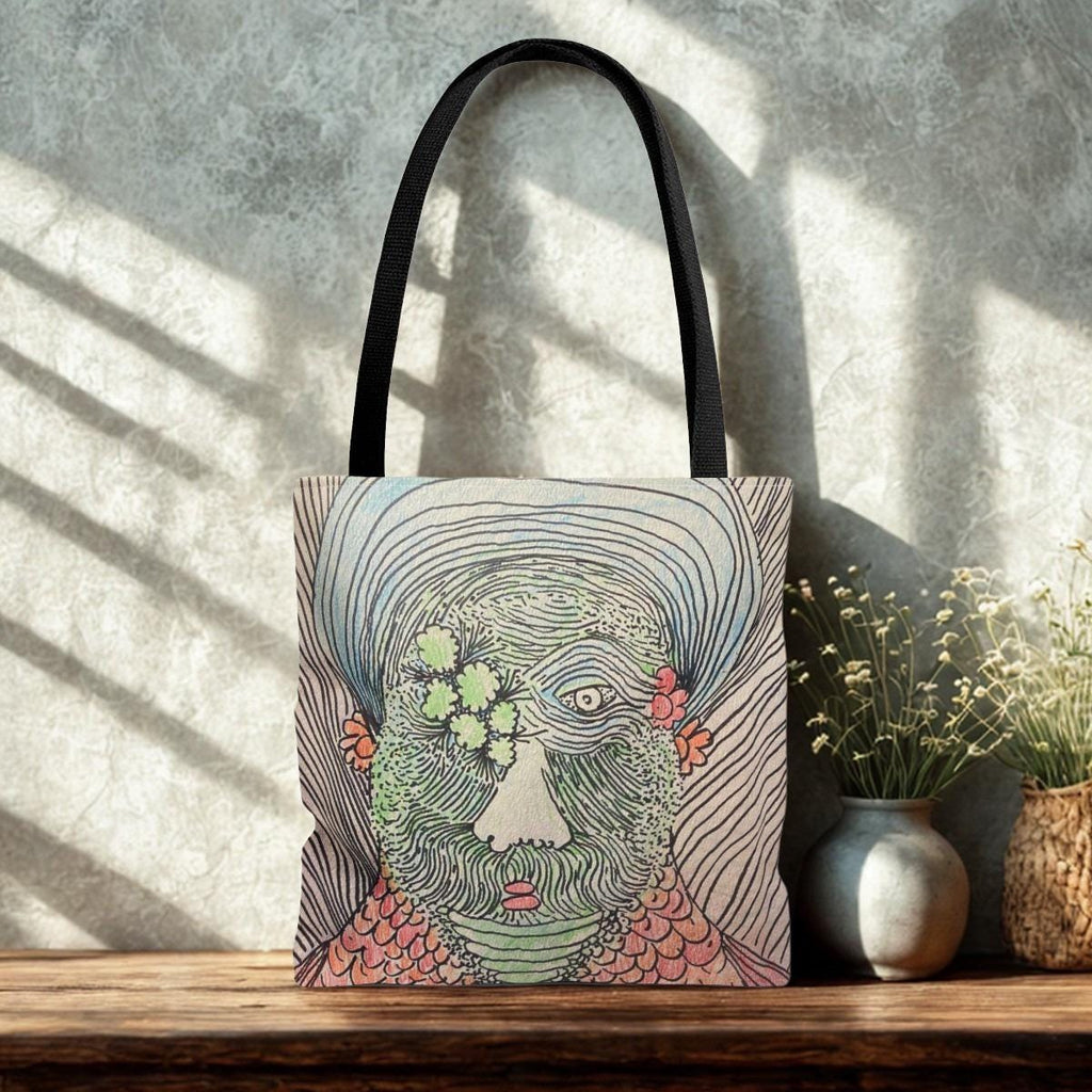 Surreal Portrait Tote Bag | Artistic Face and Cat Illustration