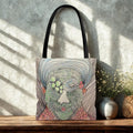 Surreal Portrait Tote Bag | Artistic Face and Cat Illustration