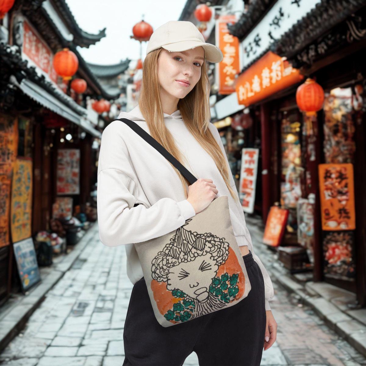 Floral Mandala Pattern Tote Bag | Hand-Drawn Face Illustration Tote