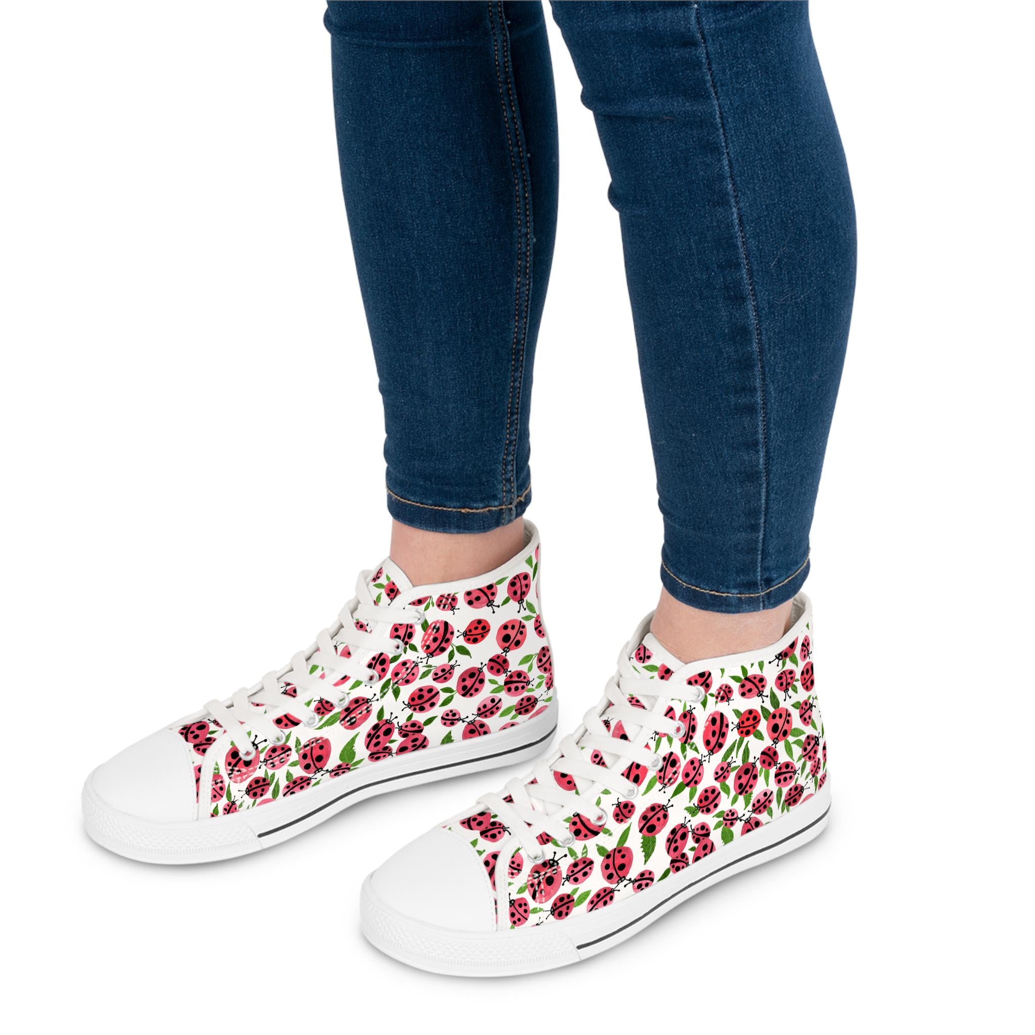 Pink Ladybug Leaf Pattern High Top Canvas Sneakers