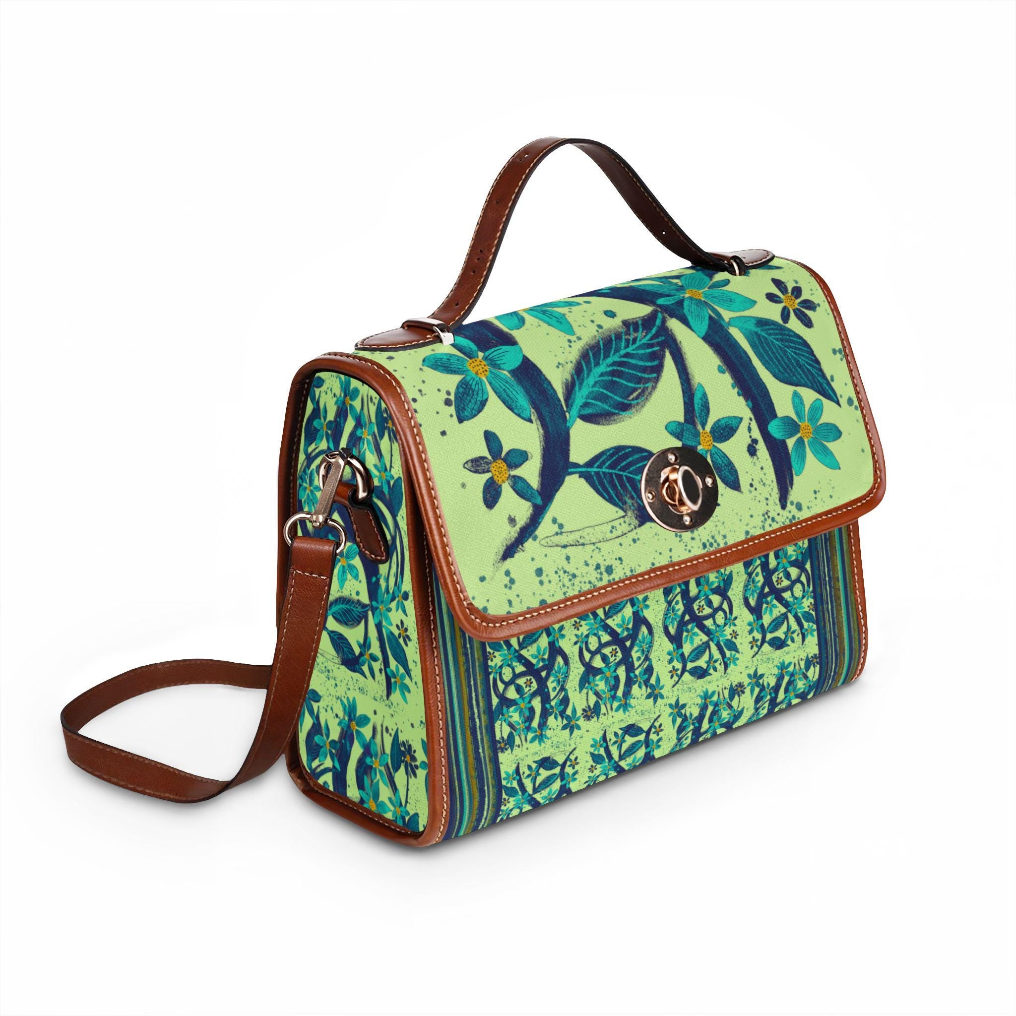 Teal Floral Pattern Waterproof Canvas Bag | Floral Satchel