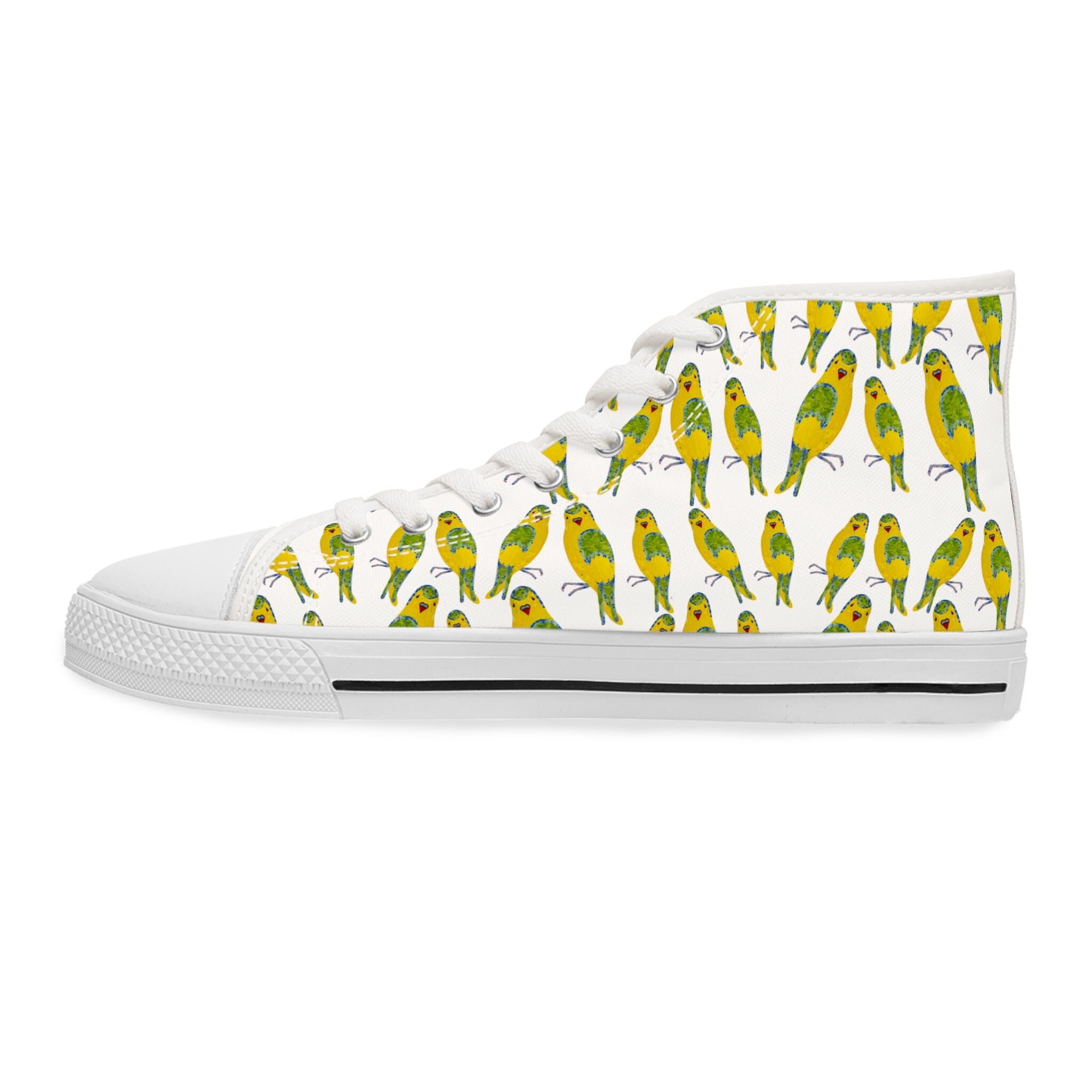 Green Budgie Pattern High Top Sneakers | Parakeet Bird Print Shoes