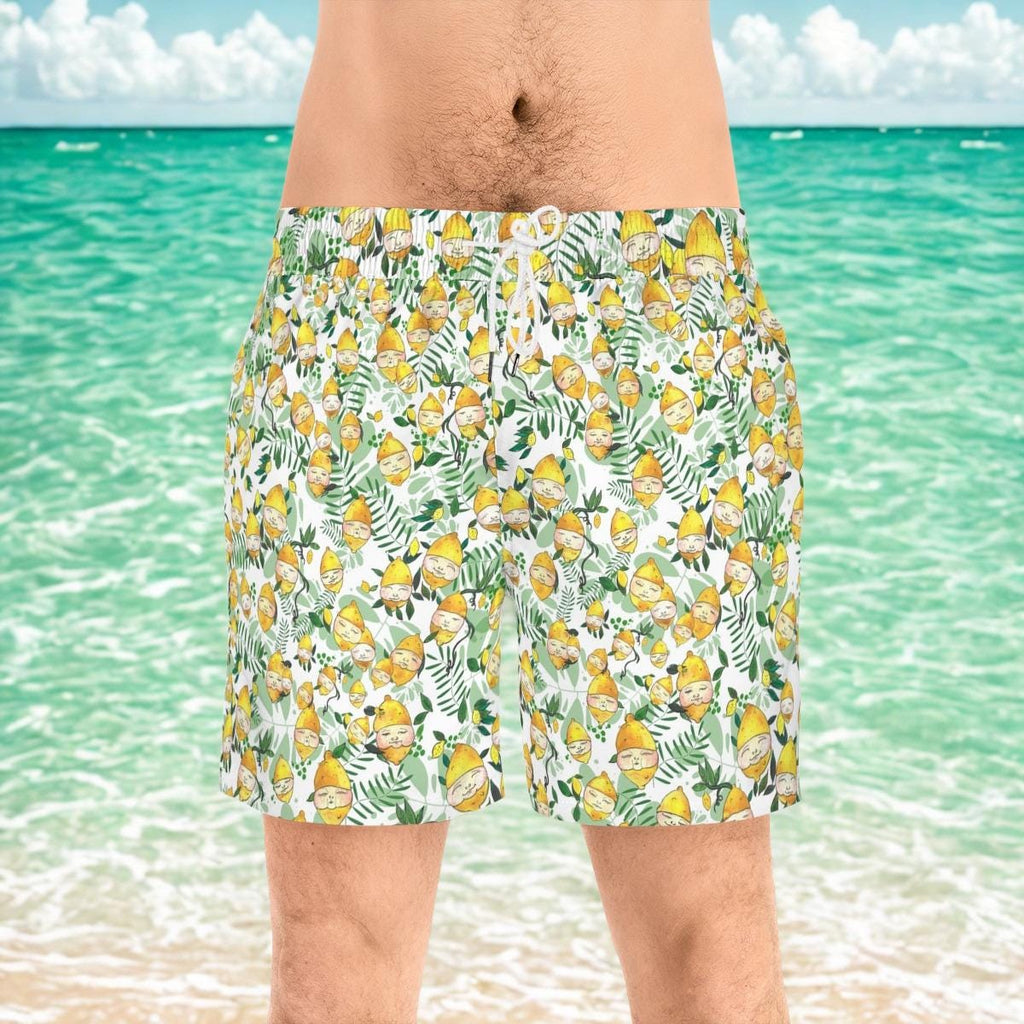 Men's Lemon Face Pattern Mid-Length Swim Shorts – Playful Summer Beachwear