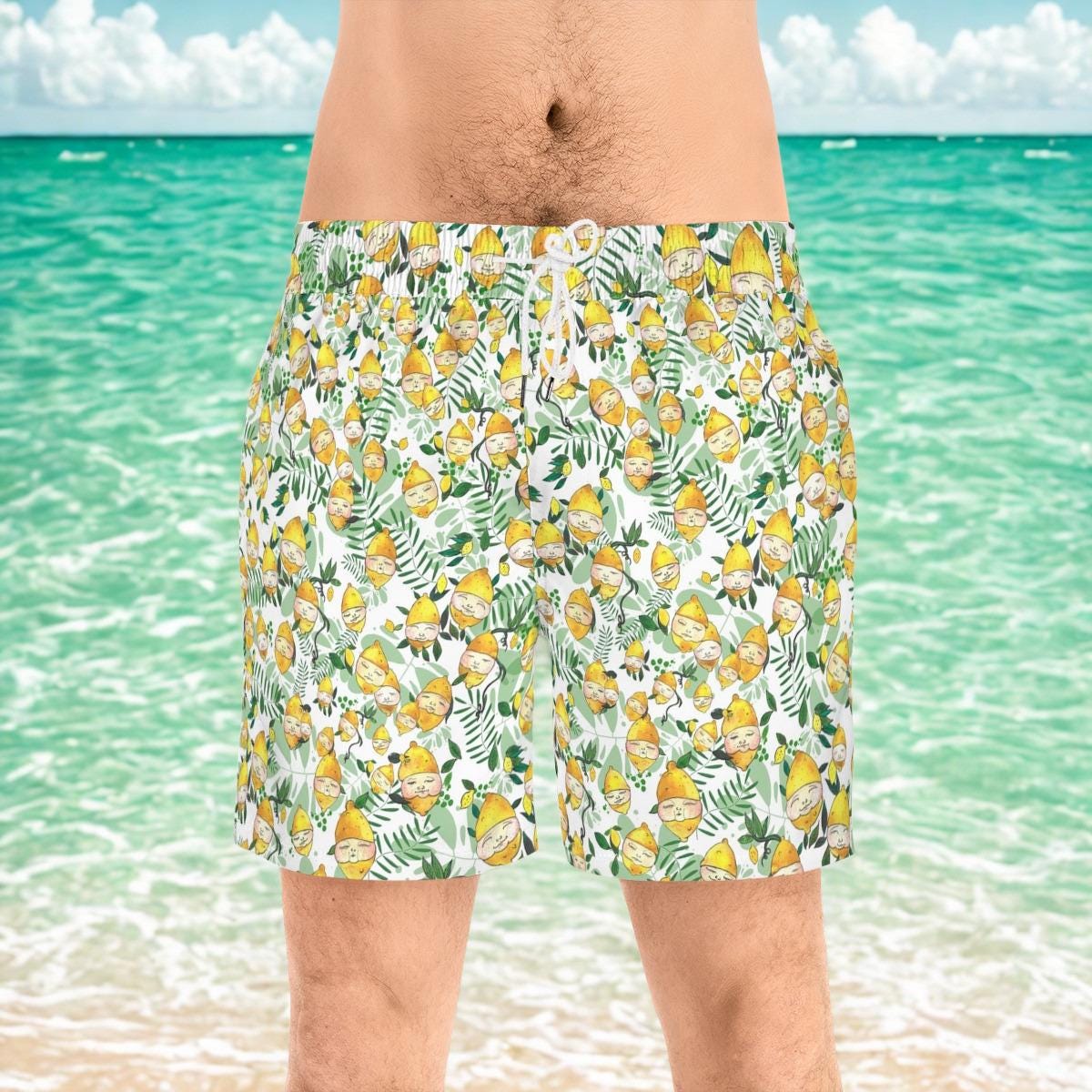 Men's Lemon Face Pattern Mid-Length Swim Shorts – Playful Summer Beachwear