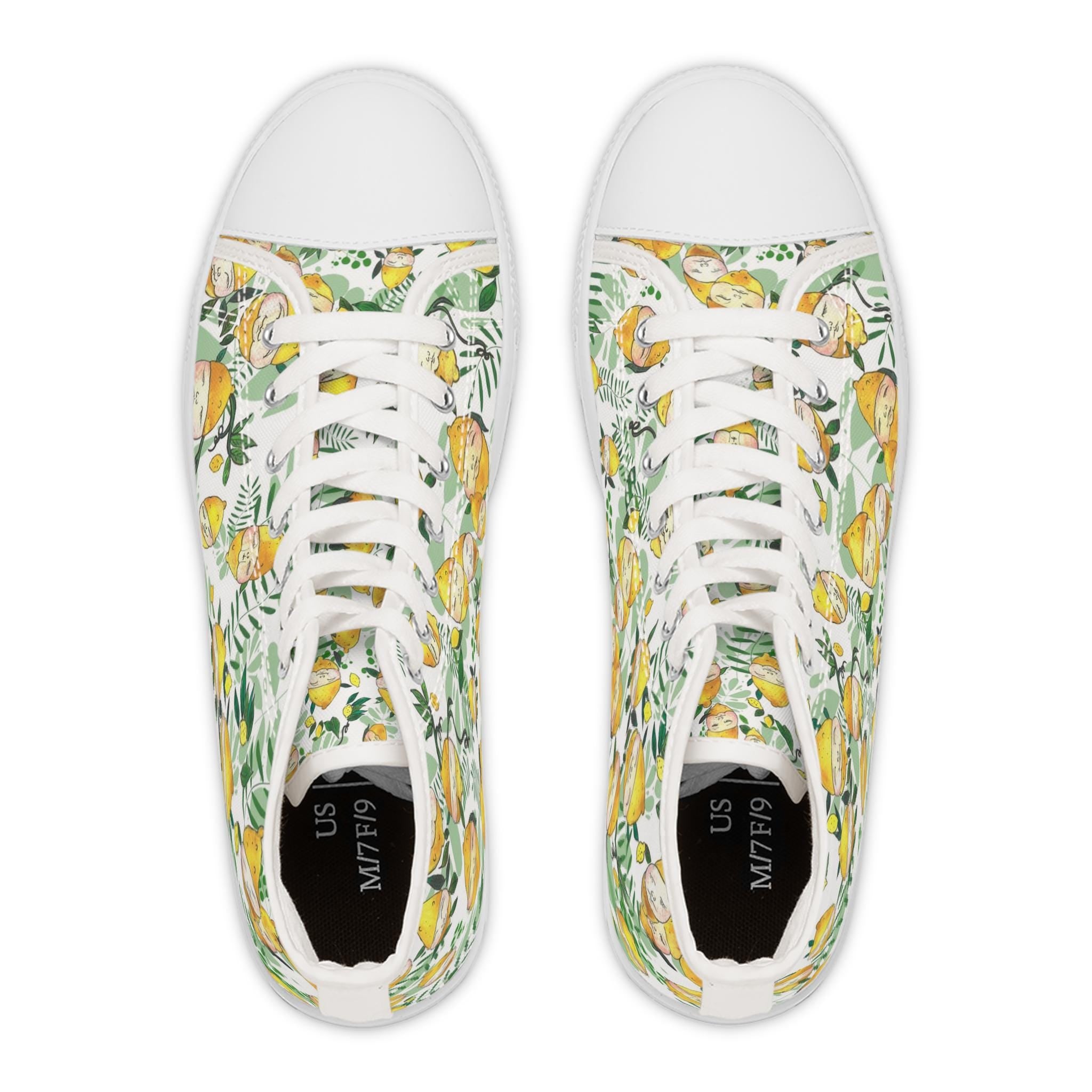 Lemon Blossom Pattern High Top Sneakers | Citrus Floral Canvas Shoes