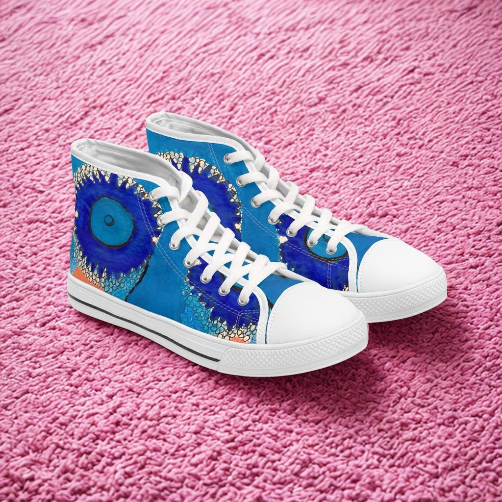 Blue Abstract Eye Pattern High Top Sneakers | Artistic Canvas Shoes
