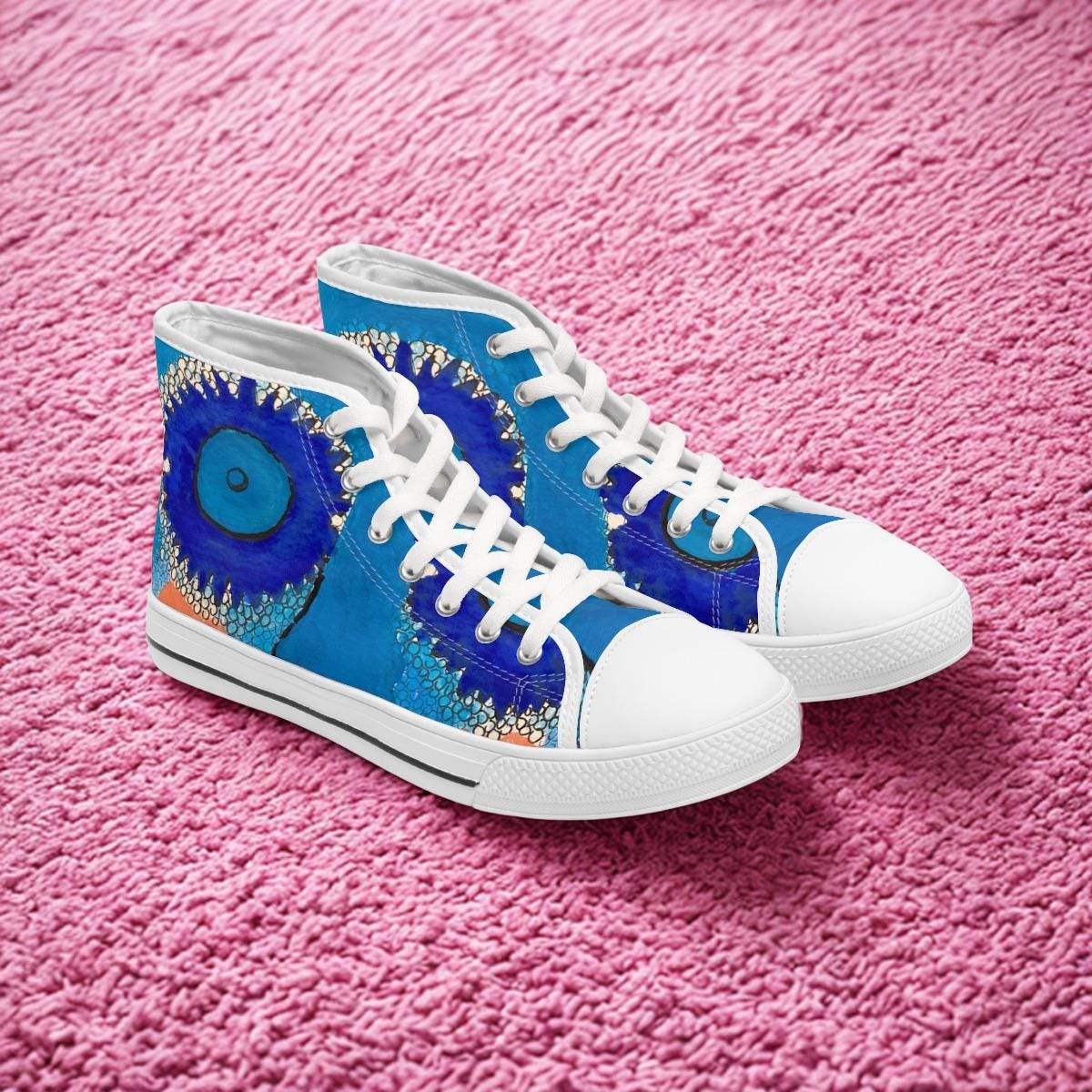 Blue Abstract Eye Pattern High Top Sneakers | Artistic Canvas Shoes
