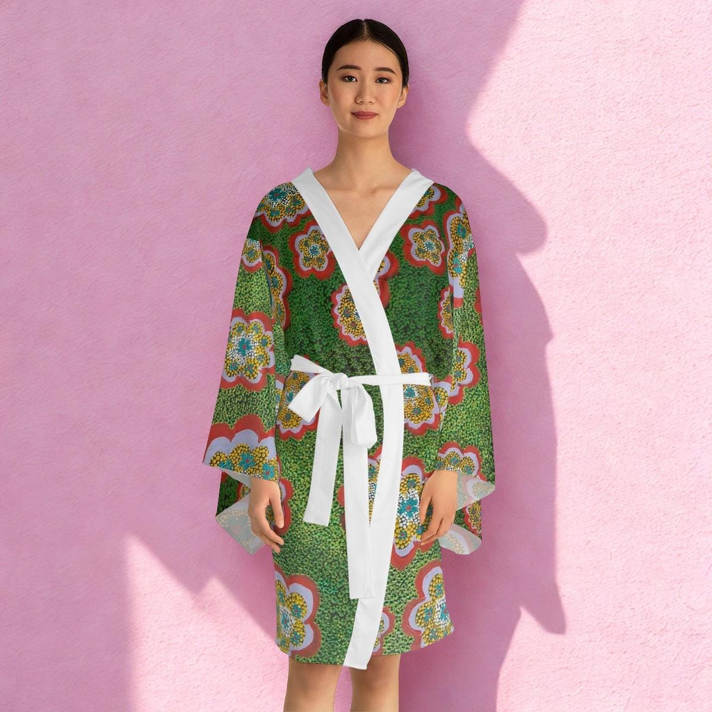 Floral Medallion Pattern Long Sleeve Kimono Robe | Green Retro Blossoms