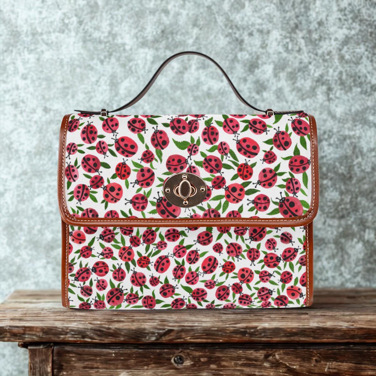 Ladybug Pattern Waterproof Canvas Bag | Floral Ladybugs Crossbody Backpack