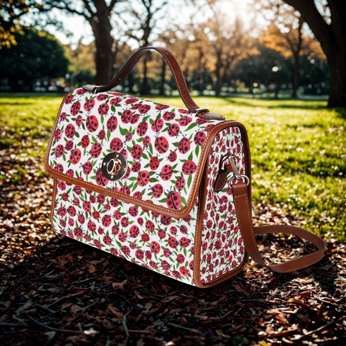 Ladybug Pattern Waterproof Canvas Bag | Floral Ladybugs Crossbody Backpack