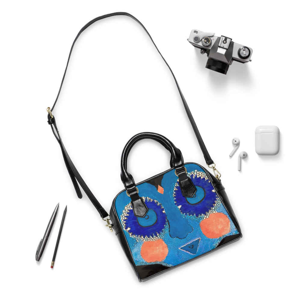 Blue Abstract Face Shoulder Handbag | Whimsical Floral Eyes, Orange Cheeks