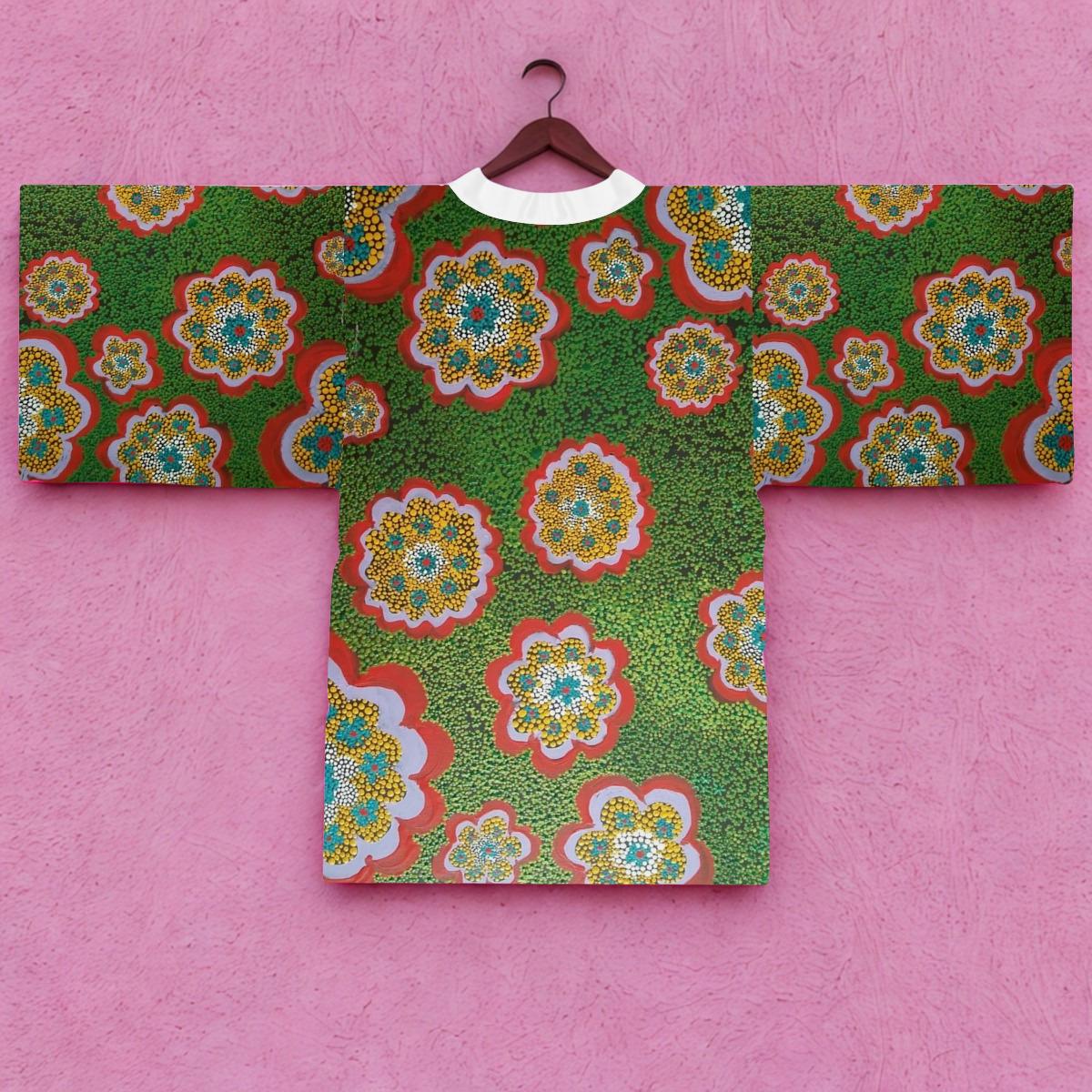 Floral Medallion Pattern Long Sleeve Kimono Robe | Green Retro Blossoms