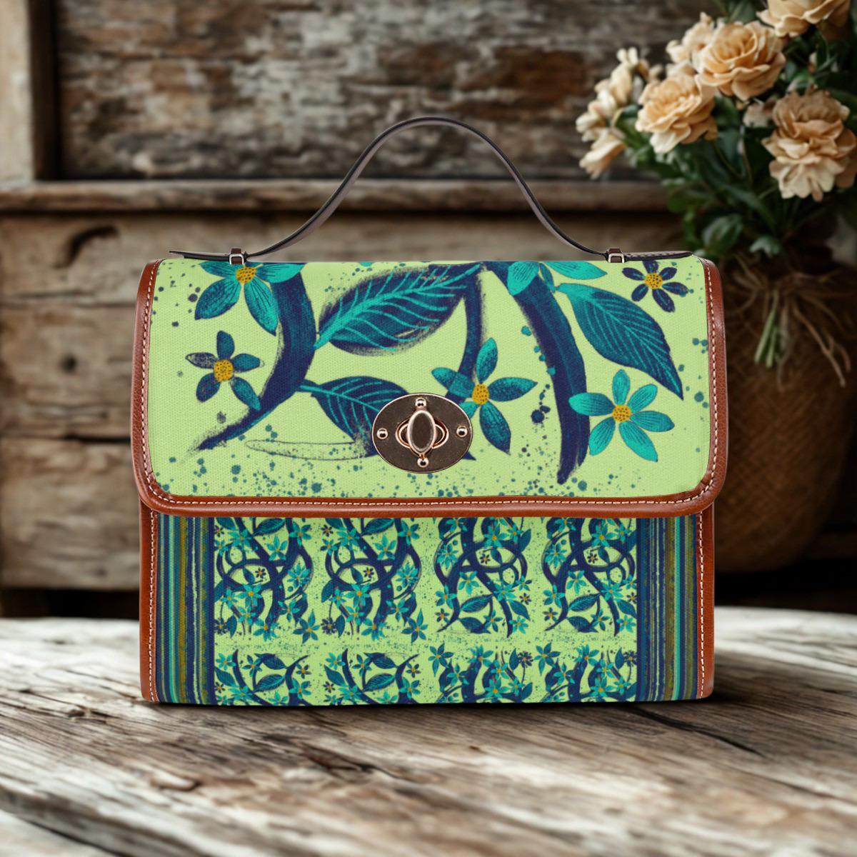 Teal Floral Pattern Waterproof Canvas Bag | Floral Satchel