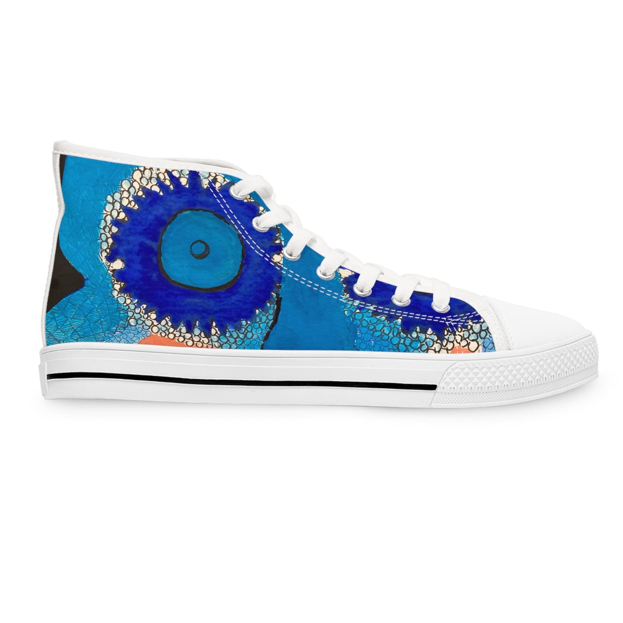 Blue Abstract Eye Pattern High Top Sneakers | Artistic Canvas Shoes