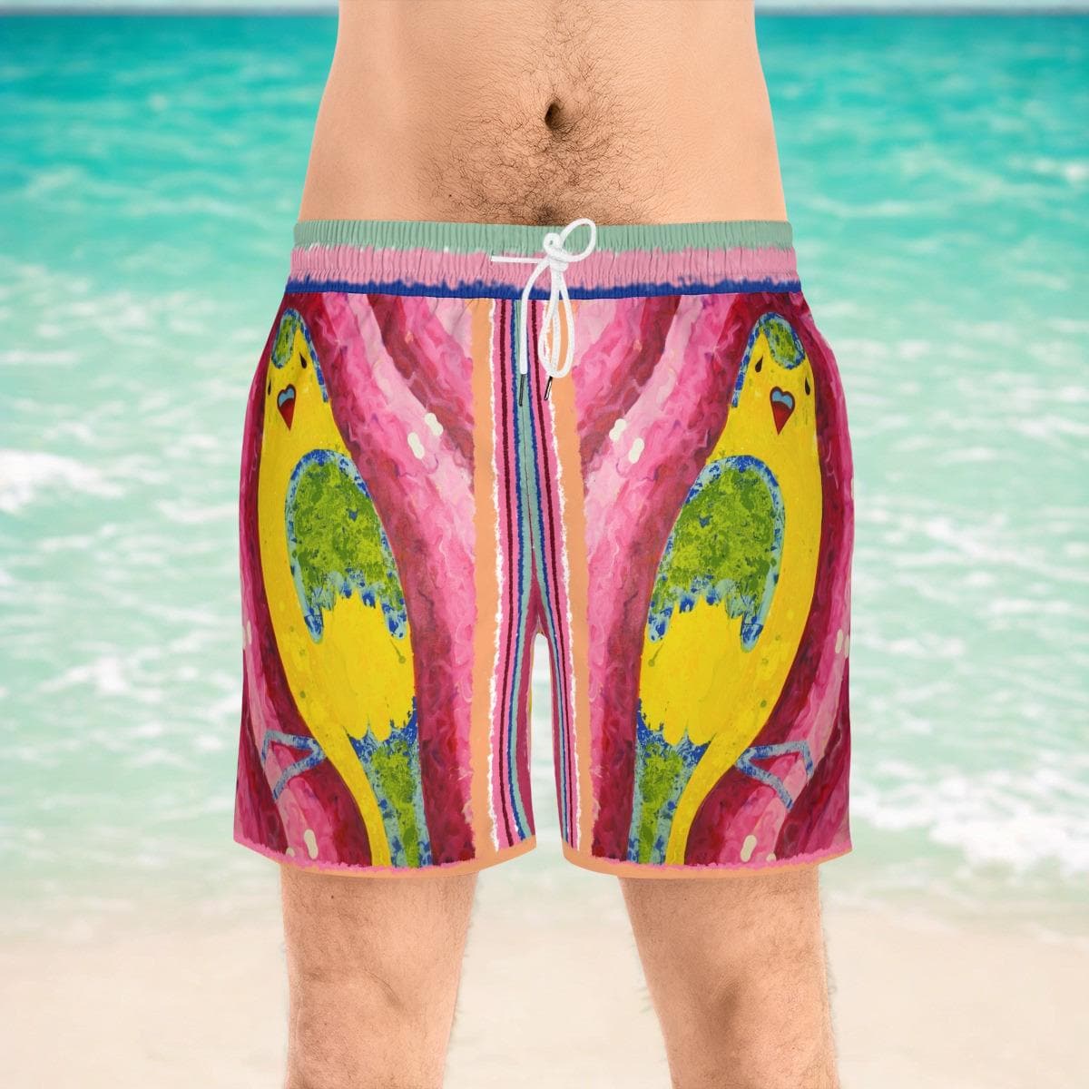 Hand-Painted Budgie Bird Print Swim Shorts | Mid-Length Beach Trunks