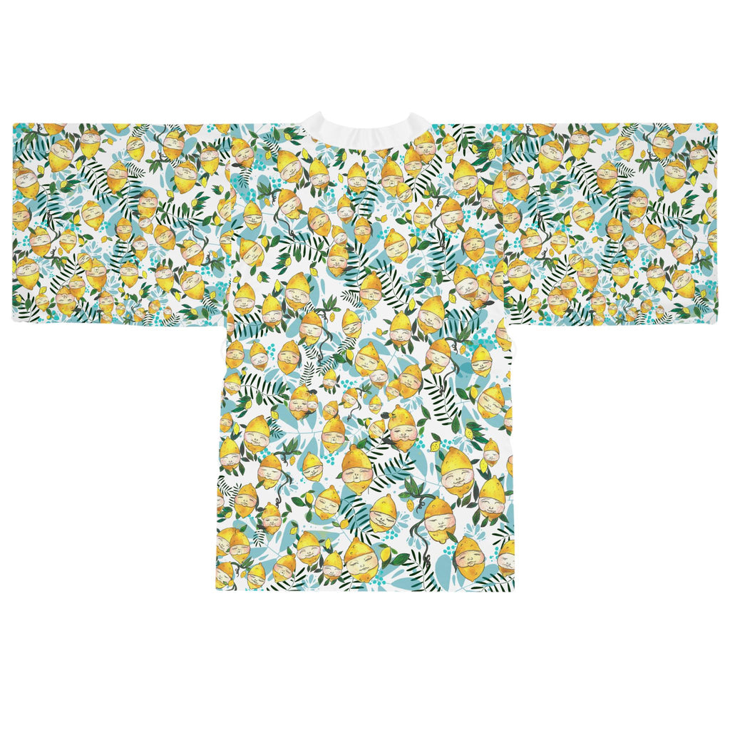 Lemon Floral Pattern Long Sleeve Kimono Robe | Citrus Leaves Allover Print