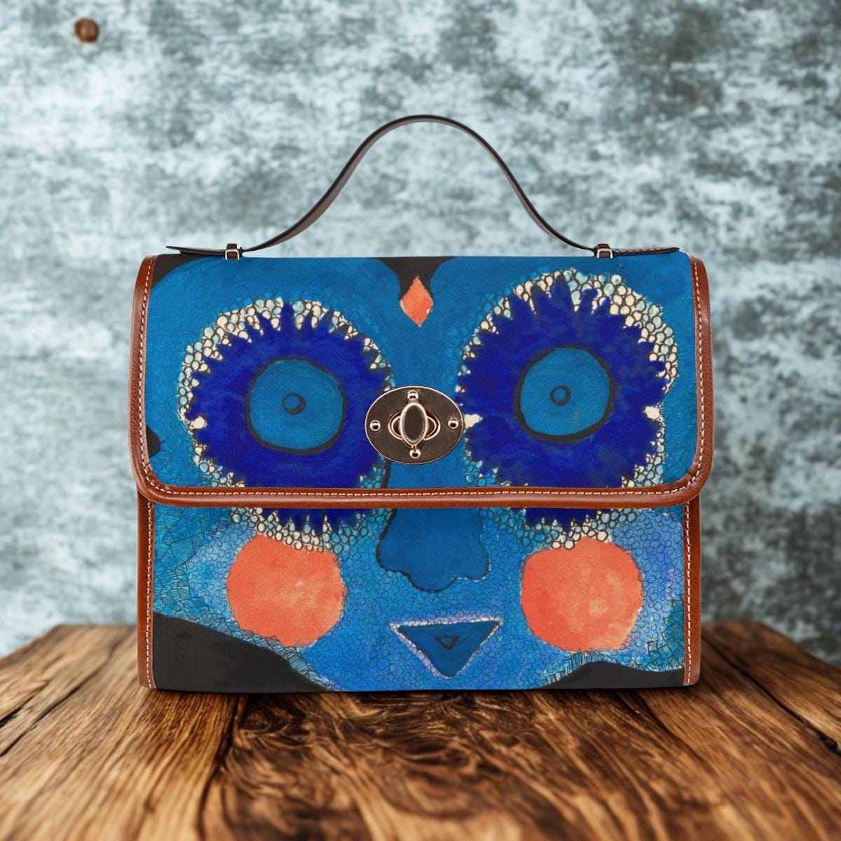Blue Abstract Face Canvas Bag | Waterproof Art Tote, Surreal Floral Eyes
