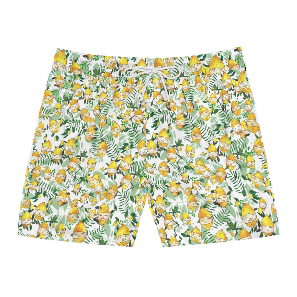 Men's Lemon Face Pattern Mid-Length Swim Shorts – Playful Summer Beachwear