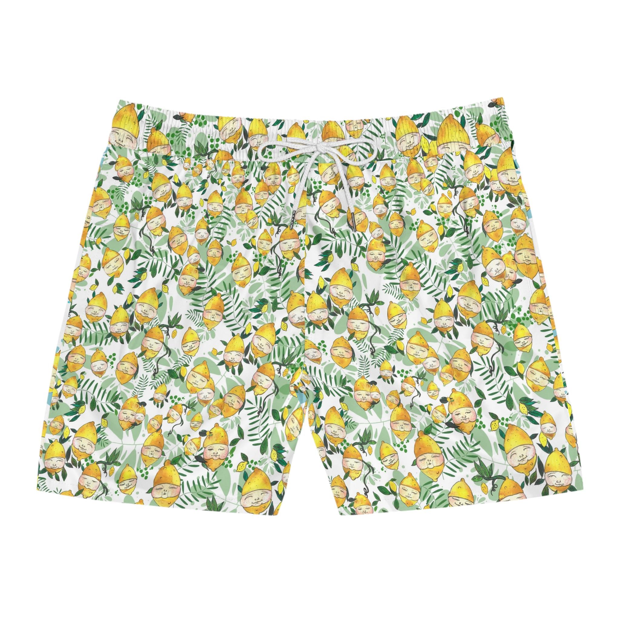 Men's Lemon Face Pattern Mid-Length Swim Shorts – Playful Summer Beachwear
