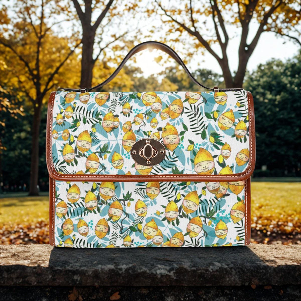 Lemon Floral Pattern Waterproof Canvas Bag | Tropical Fruit Leaves Satchel