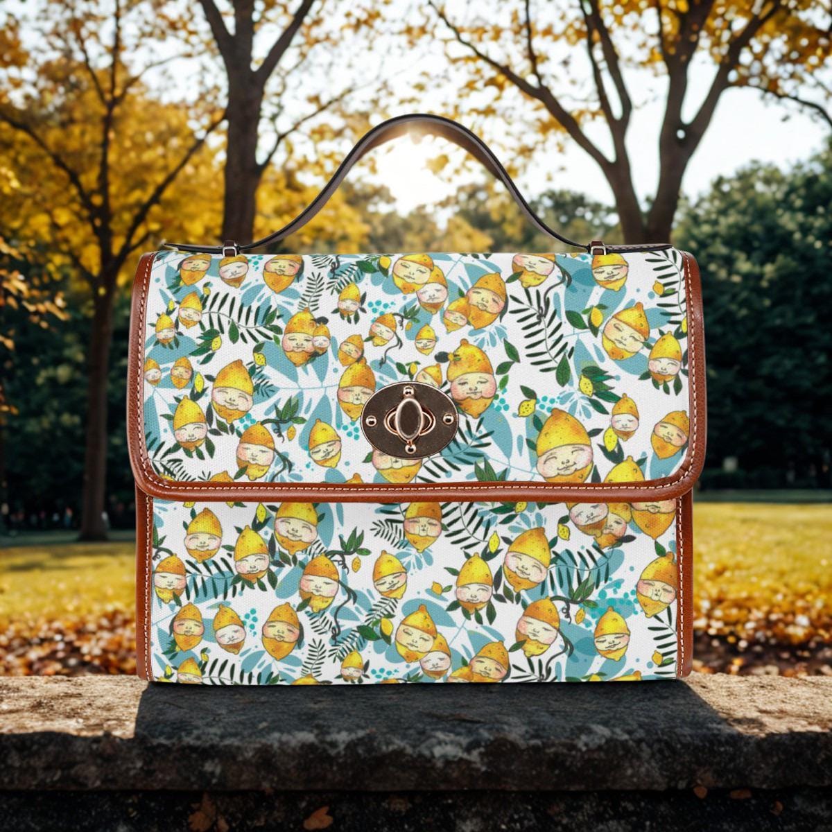 Lemon Floral Pattern Waterproof Canvas Bag | Tropical Fruit Leaves Satchel