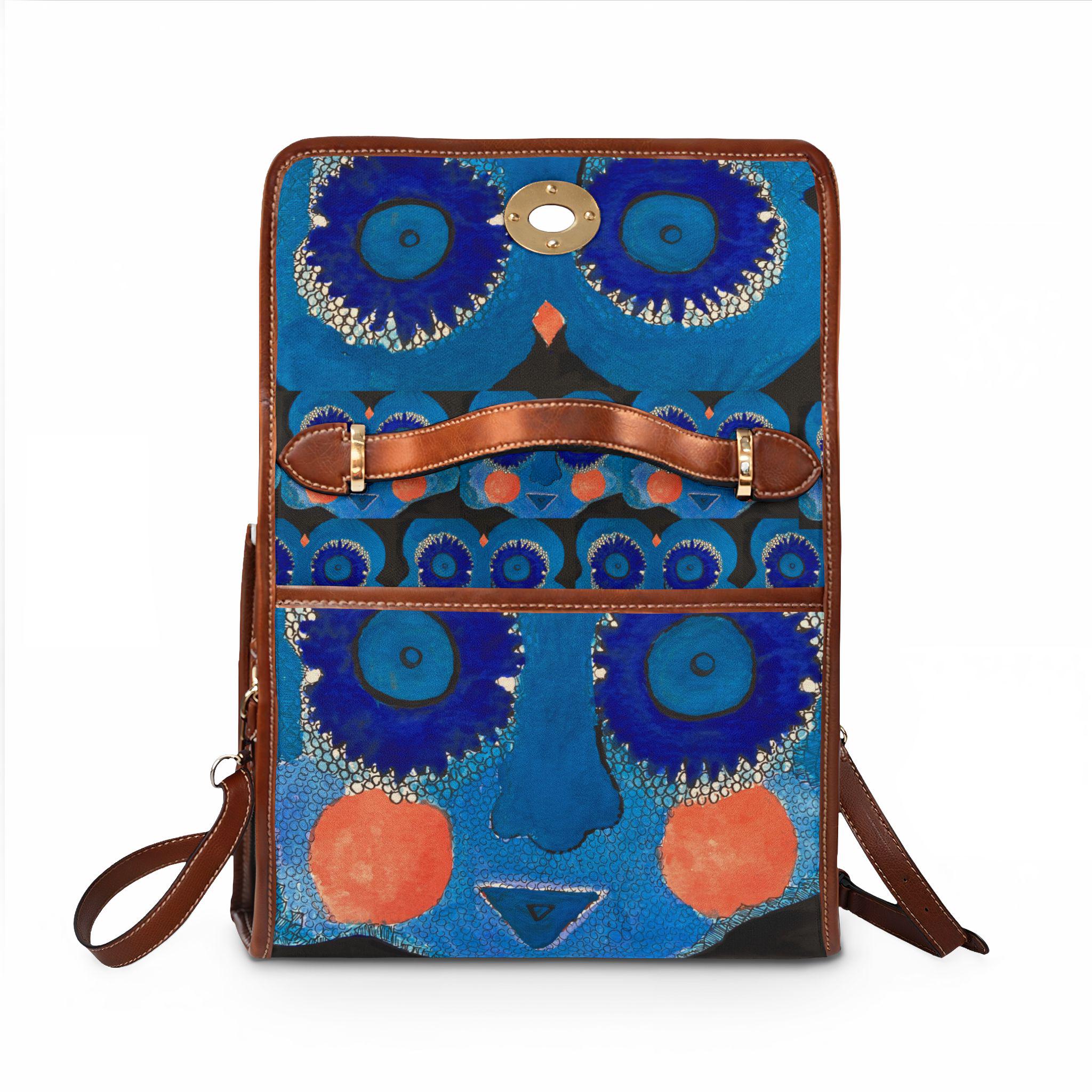 Blue Abstract Face Canvas Bag | Waterproof Art Tote, Surreal Floral Eyes