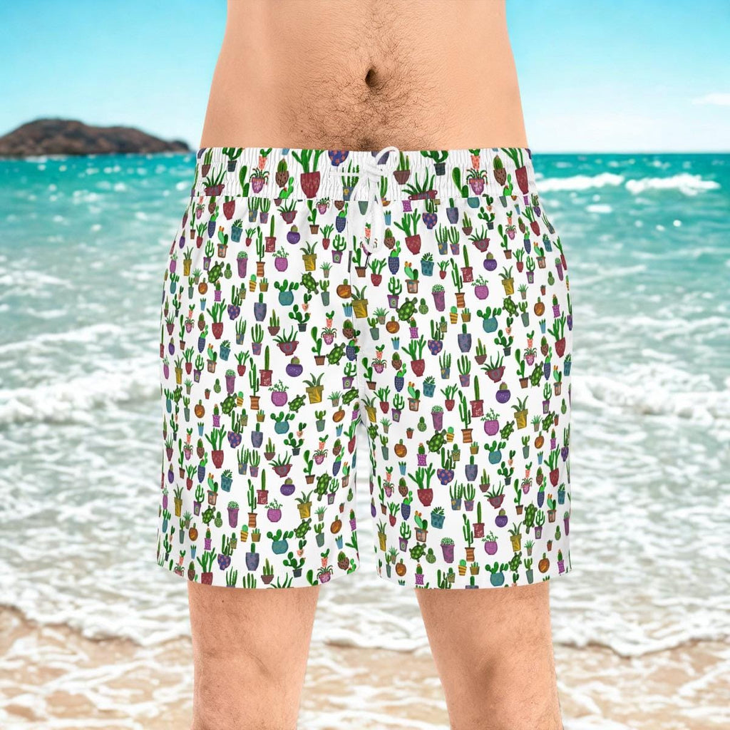 Potted Cactus Pattern Swim Shorts  Mens Mid Length