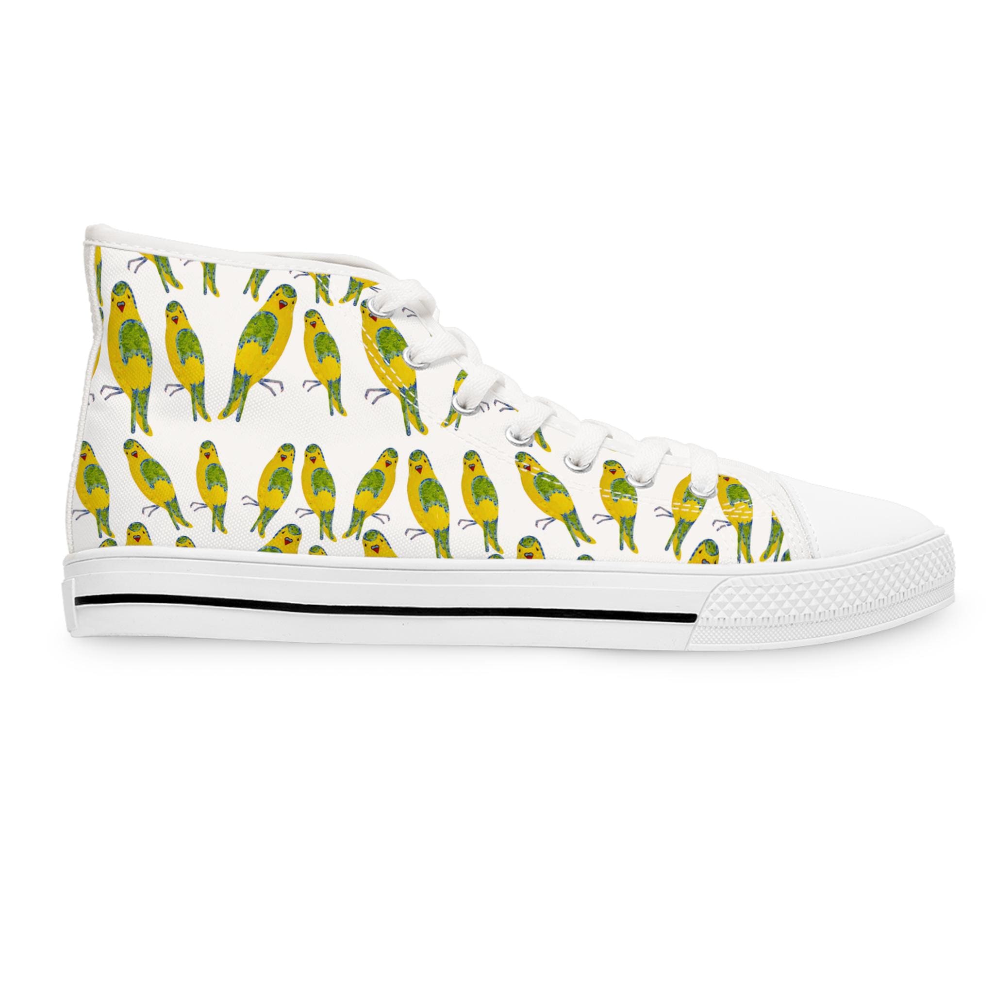 Green Budgie Pattern High Top Sneakers | Parakeet Bird Print Shoes