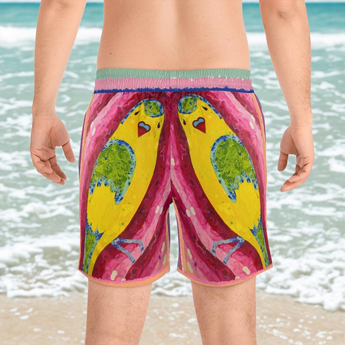 Hand-Painted Budgie Bird Print Swim Shorts | Mid-Length Beach Trunks