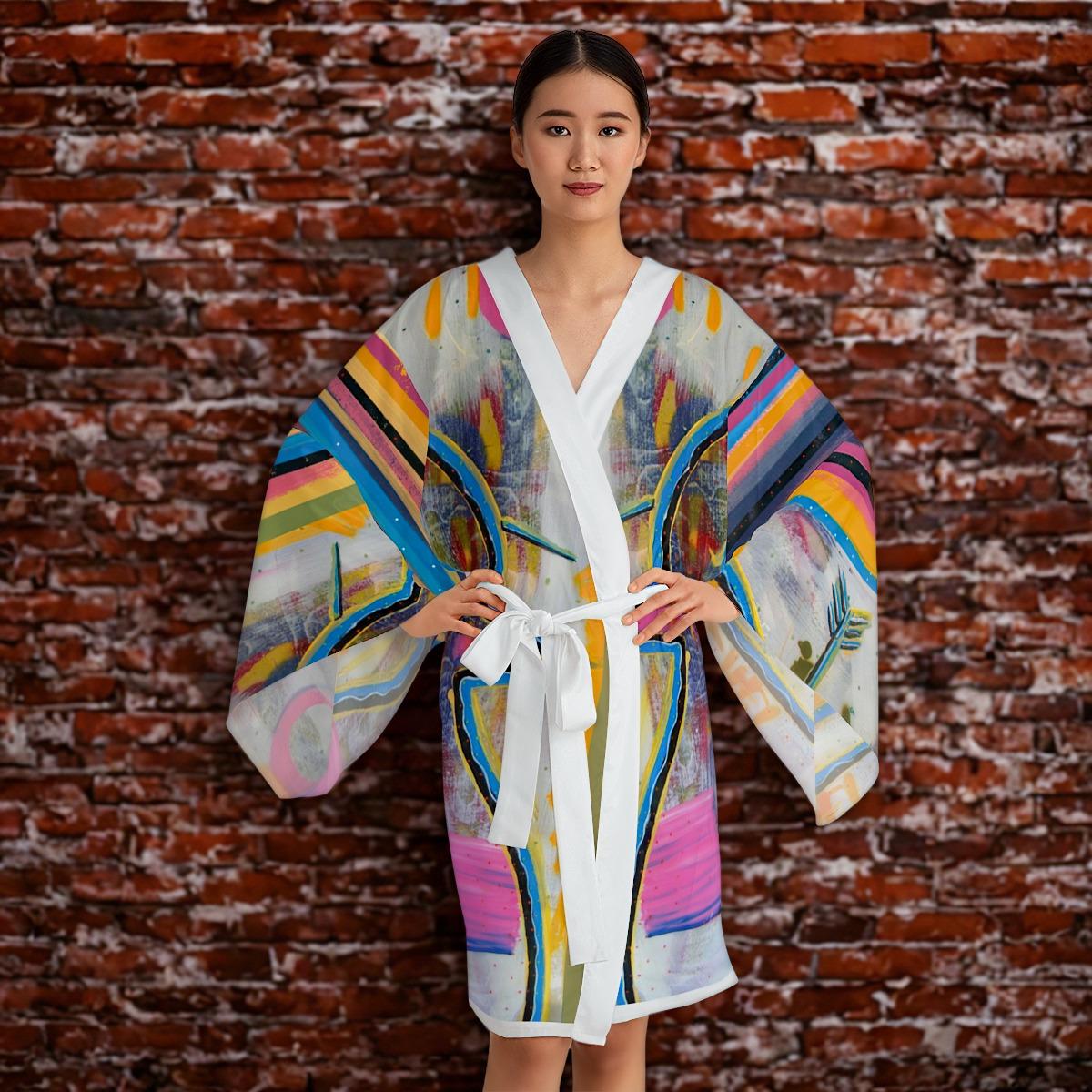 Colorful Abstract Bird Kimono Robe | Long Sleeve Printed Kimono