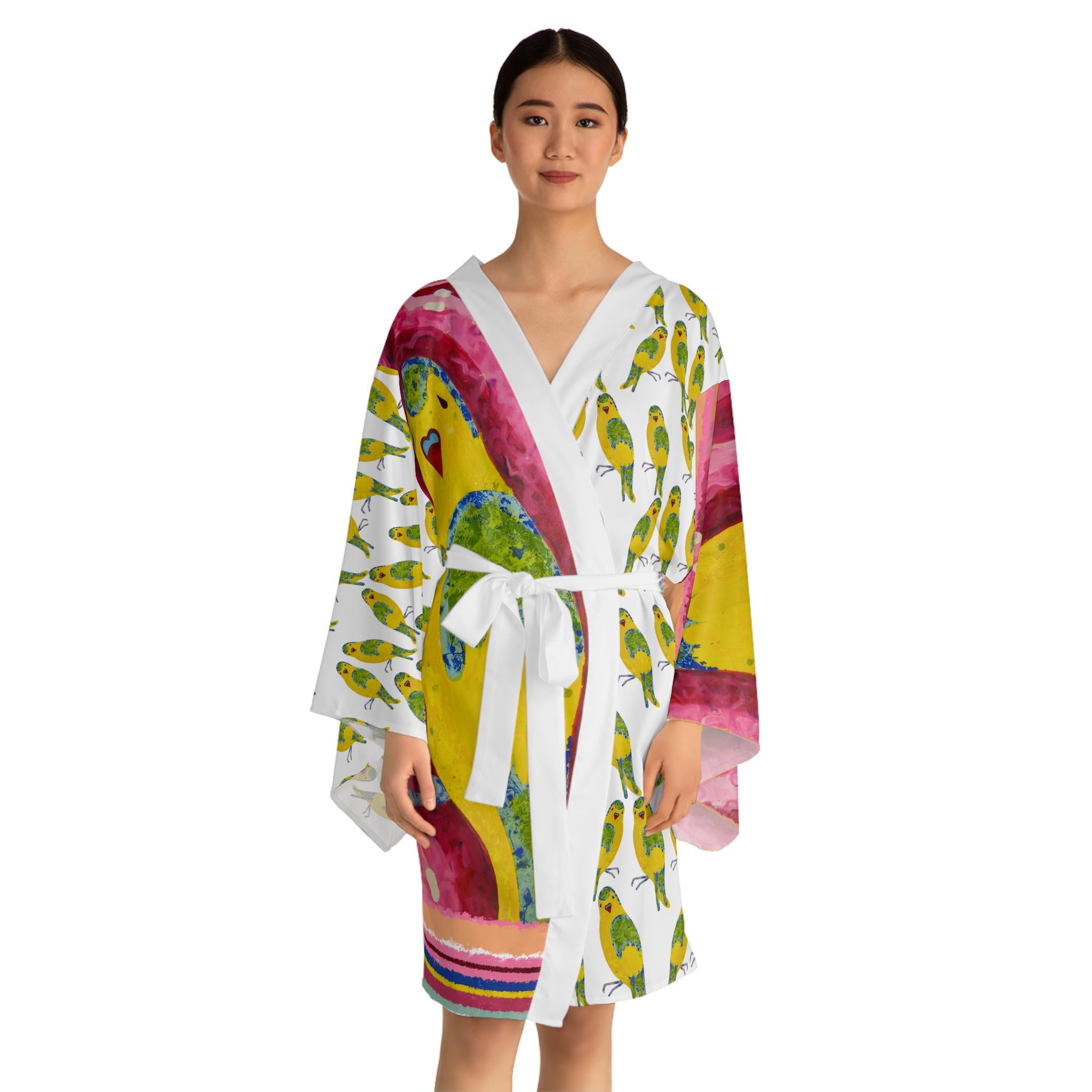 Yellow Parakeet Illustration Long Sleeve Kimono Robe | Bird Pattern, AOP