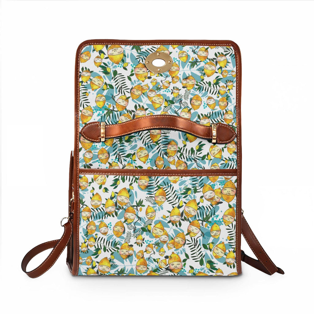 Lemon Floral Pattern Waterproof Canvas Bag | Tropical Fruit Leaves Satchel