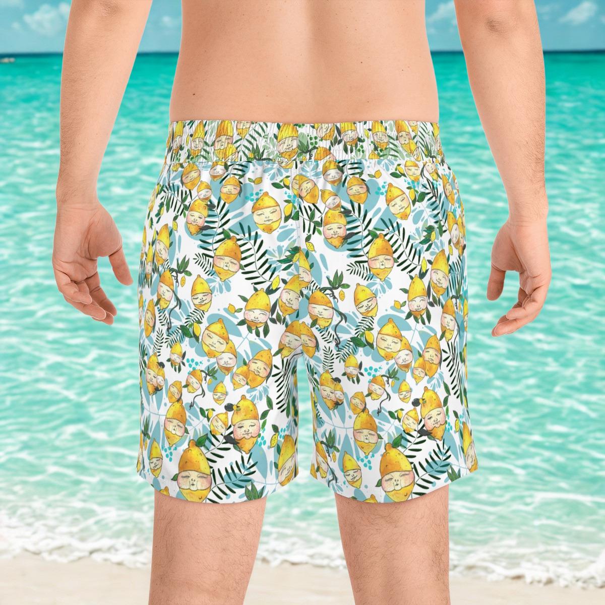 Men's Lemon Face Pattern Mid-Length Swim Shorts – Playful Summer Beachwear