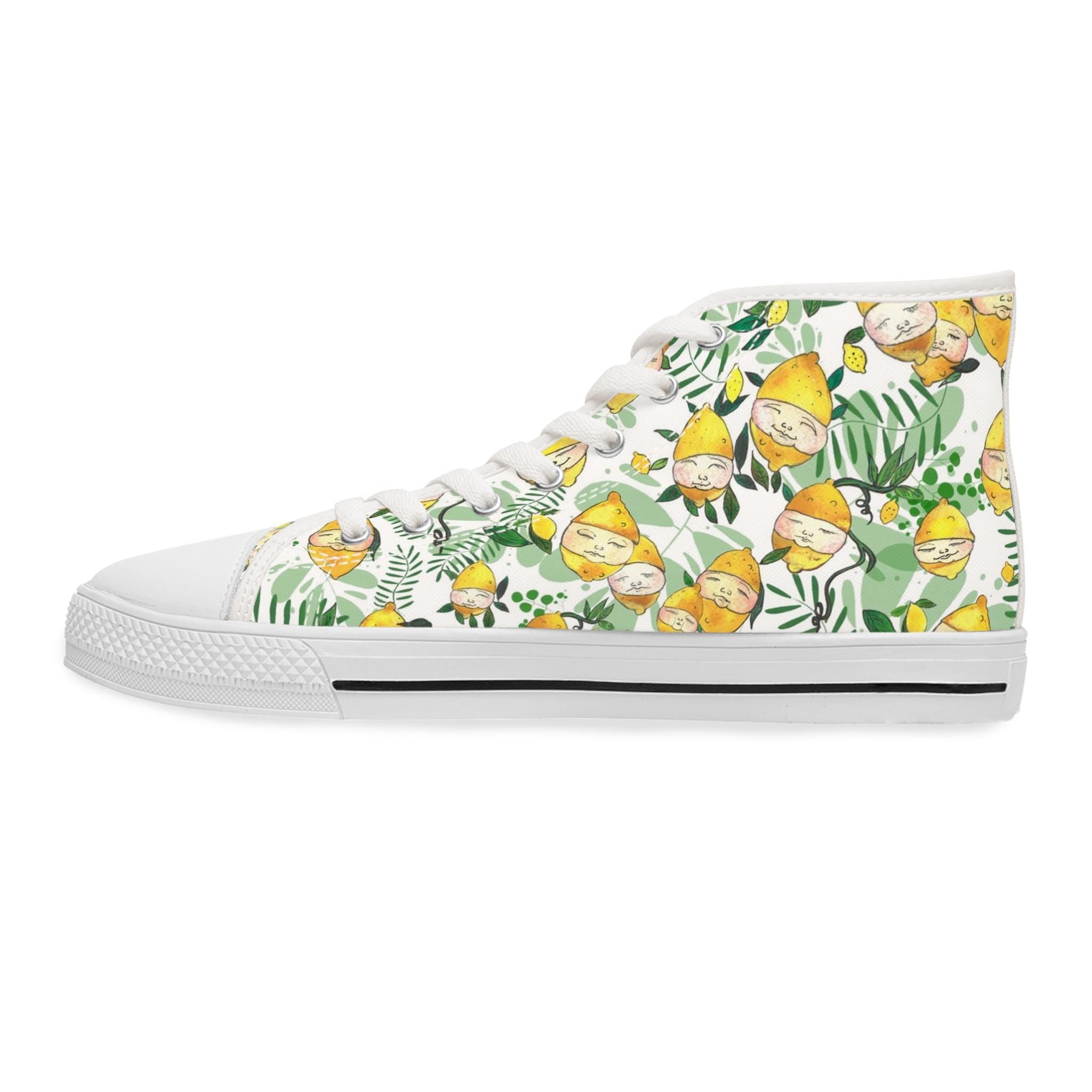 Lemon Blossom Pattern High Top Sneakers | Citrus Floral Canvas Shoes