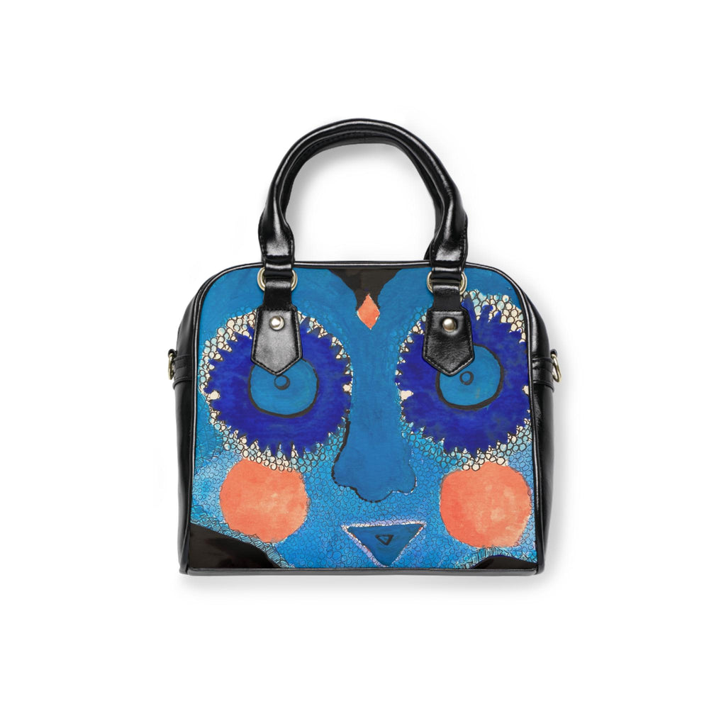 Blue Abstract Face Shoulder Handbag | Whimsical Floral Eyes, Orange Cheeks