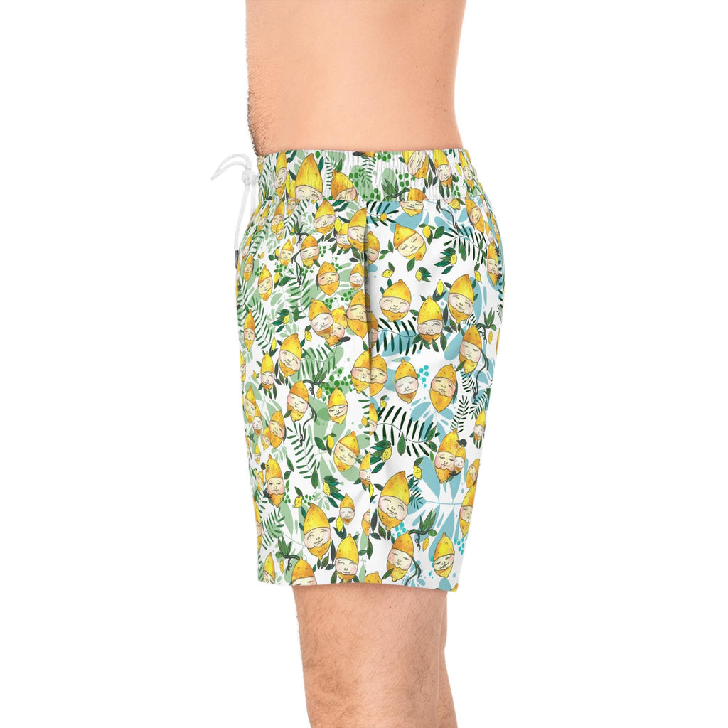 Men's Lemon Face Pattern Mid-Length Swim Shorts – Playful Summer Beachwear