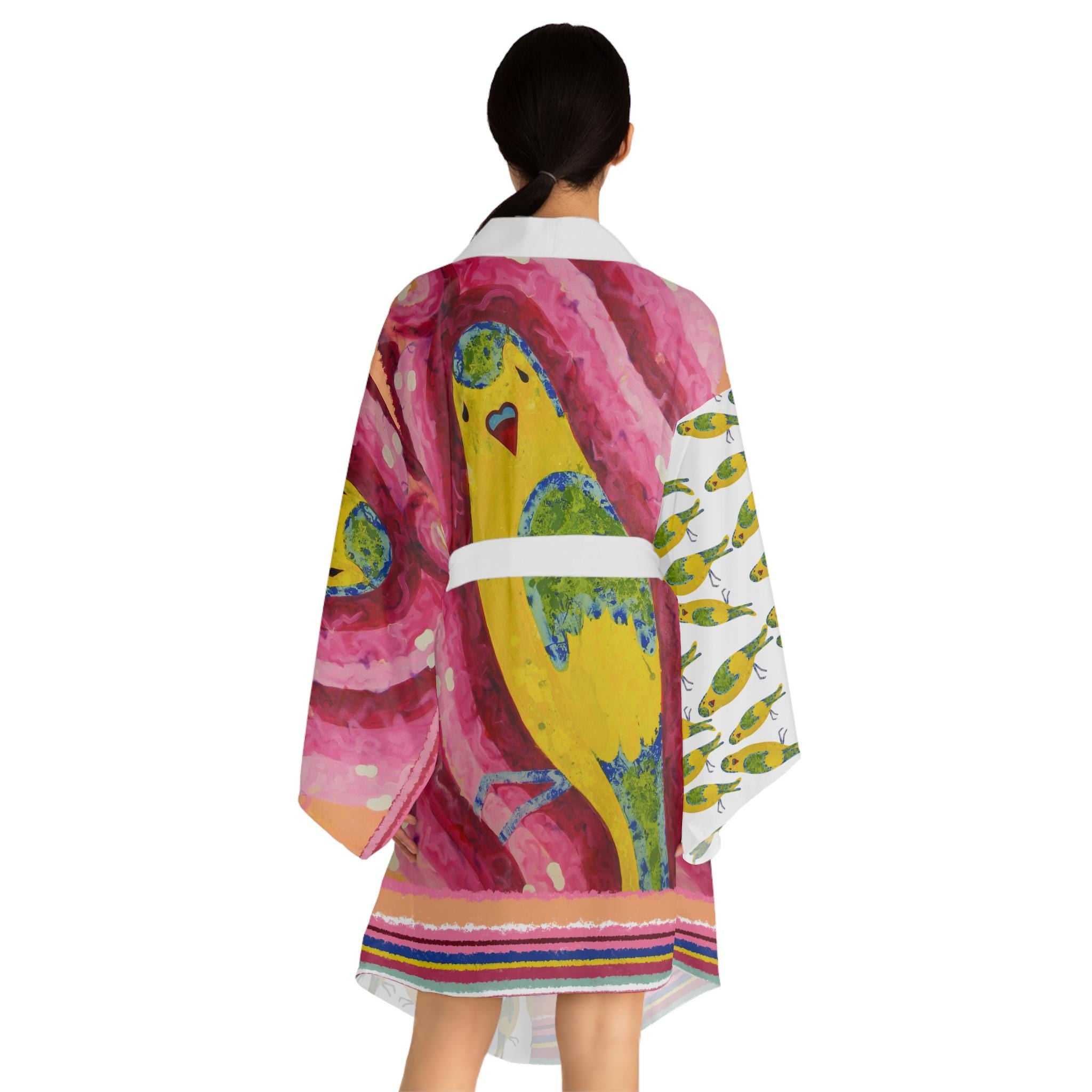 Yellow Parakeet Illustration Long Sleeve Kimono Robe | Bird Pattern, AOP
