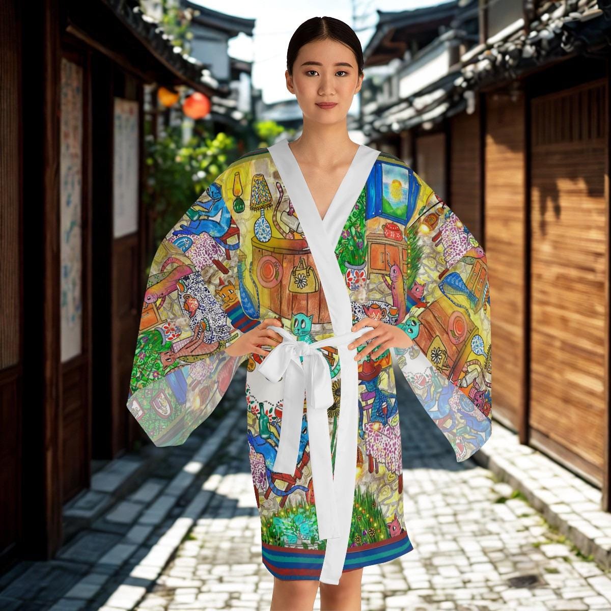Whimsical Vintage Market Illustration Kimono Robe | All-Over Print