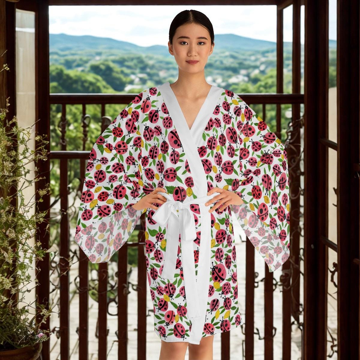 Ladybug Pattern Kimono Robe | Floral Insect Print Long Sleeve